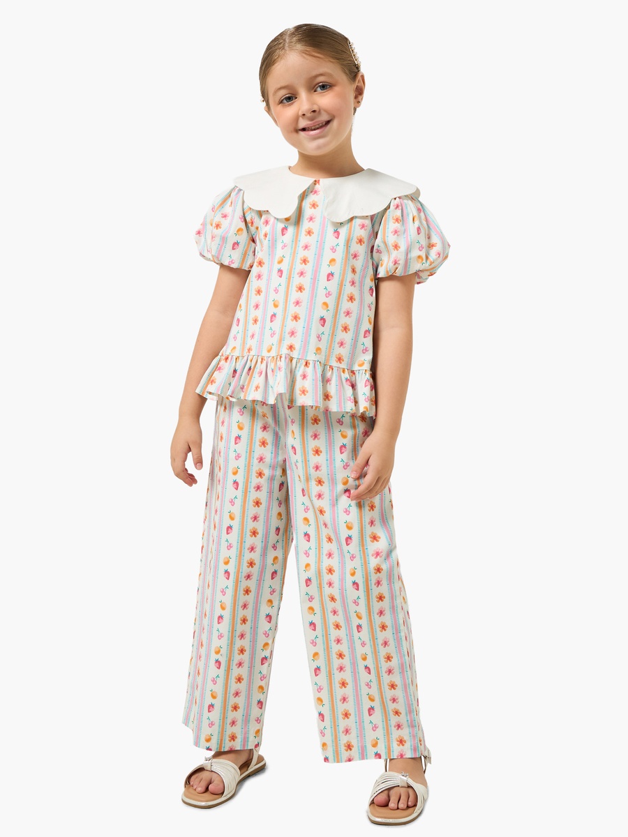 Sailor Collar Short Sleeves Top and Pants Set with Fruit Print