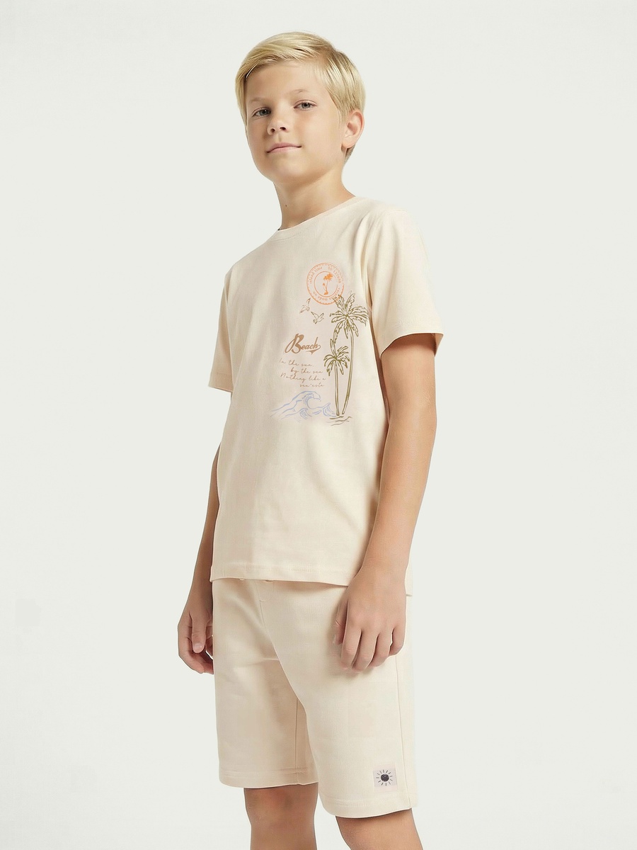 Set of 3 Crew Neck Short Sleeves T-Shirt and Shorts Set with Beach Print