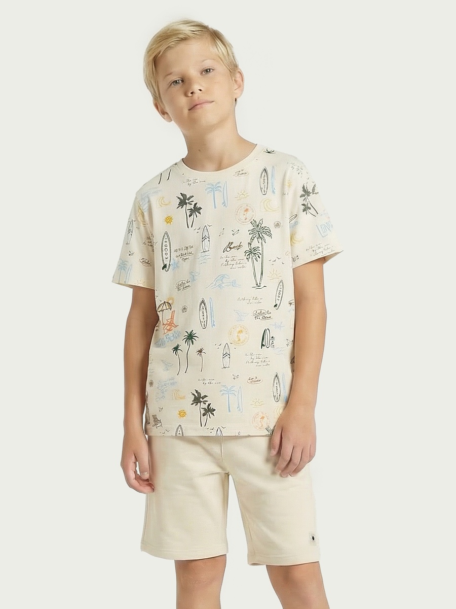Set of 3 Crew Neck Short Sleeves T-Shirt and Shorts Set with Beach Print