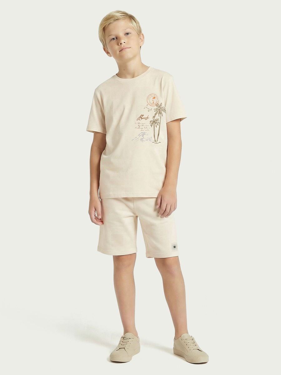 Set of 3 Crew Neck Short Sleeves T-Shirt and Shorts Set with Beach Print