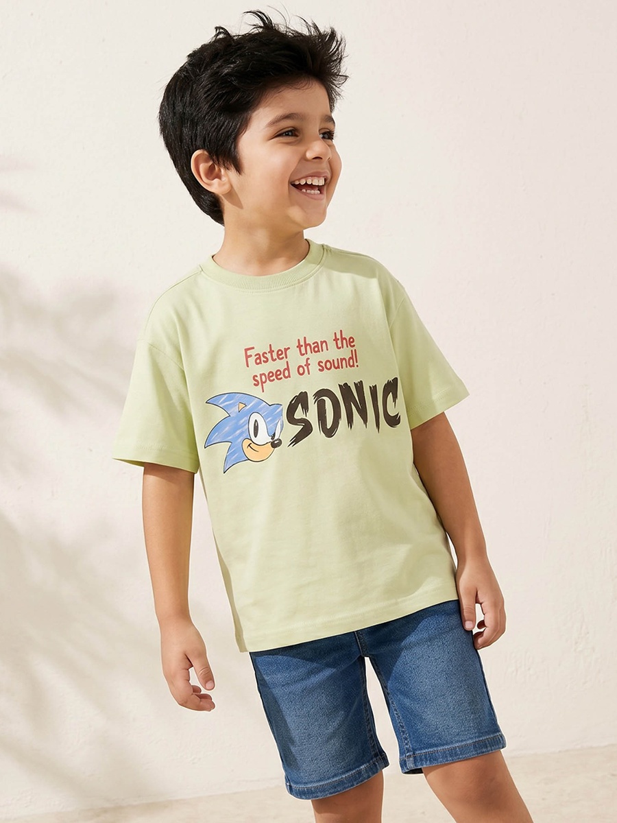 Crew Neck Short Sleeves T-Shirt with Sonic the Hedgehog Print