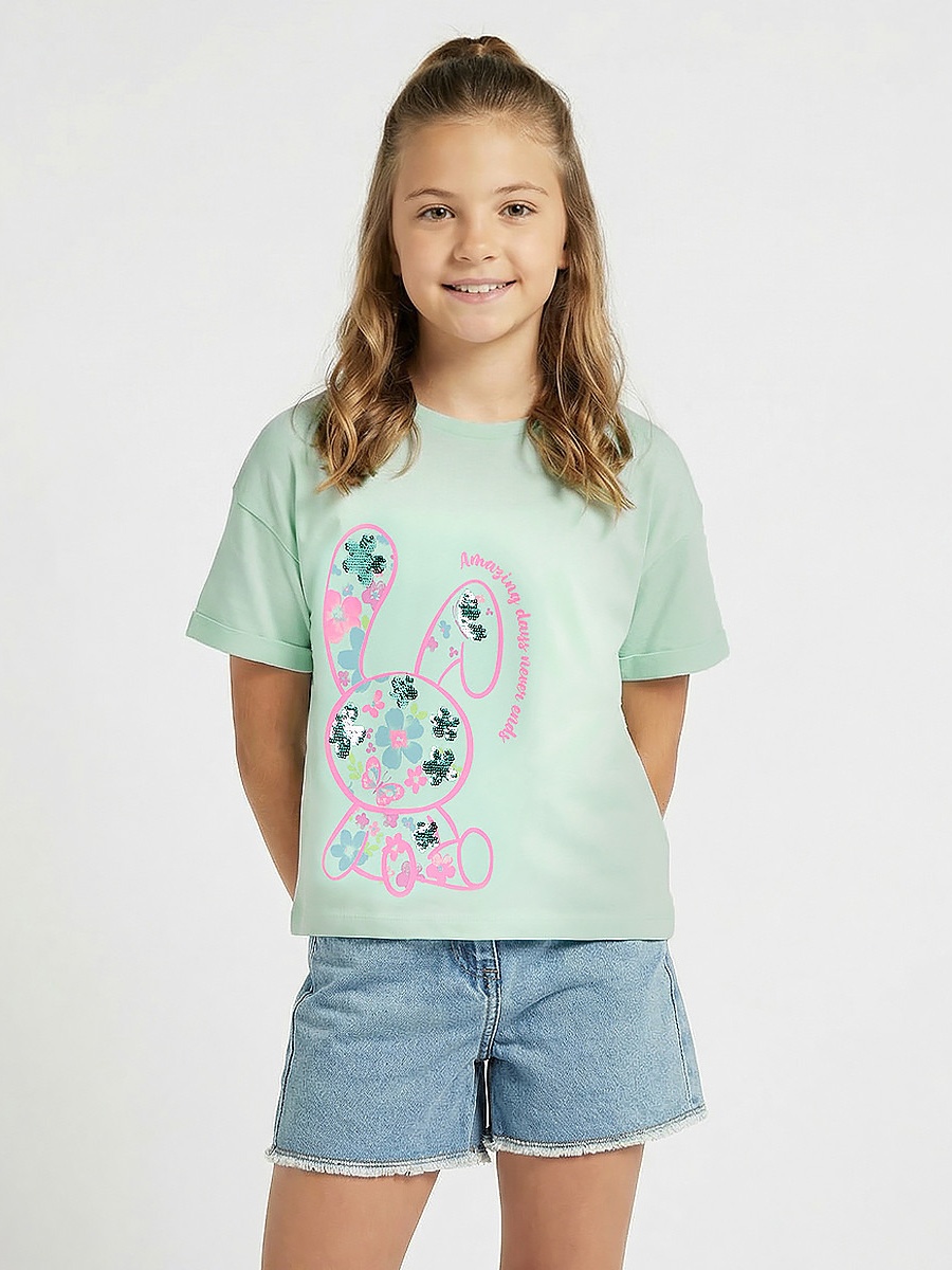 Crew Neck Short Sleeve T-Shirt with Bunny Print