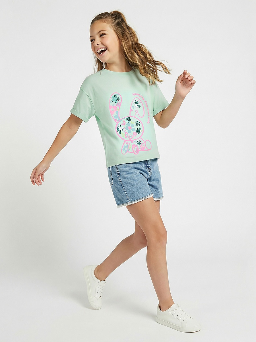 Crew Neck Short Sleeve T-Shirt with Bunny Print