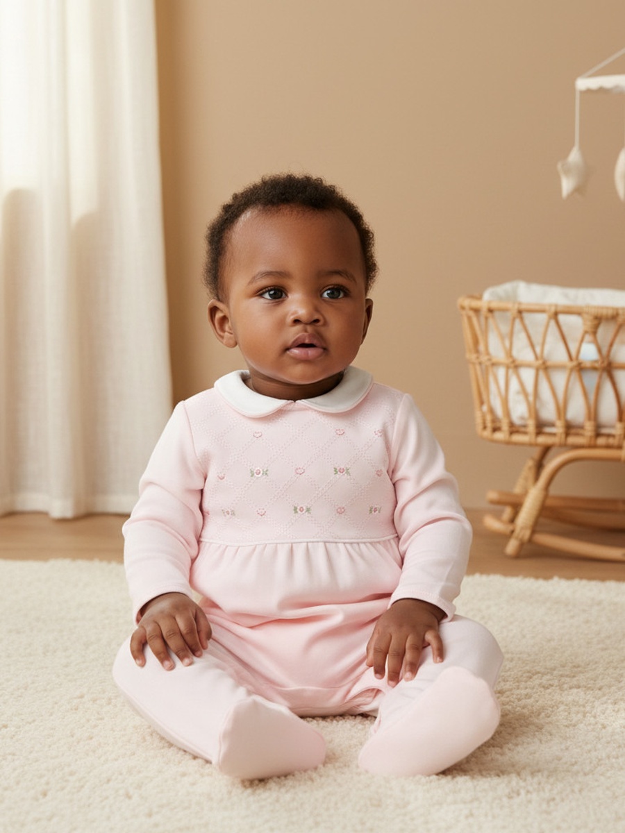 Embroidered Peter Pan Collar Sleepsuit with Long Sleeves