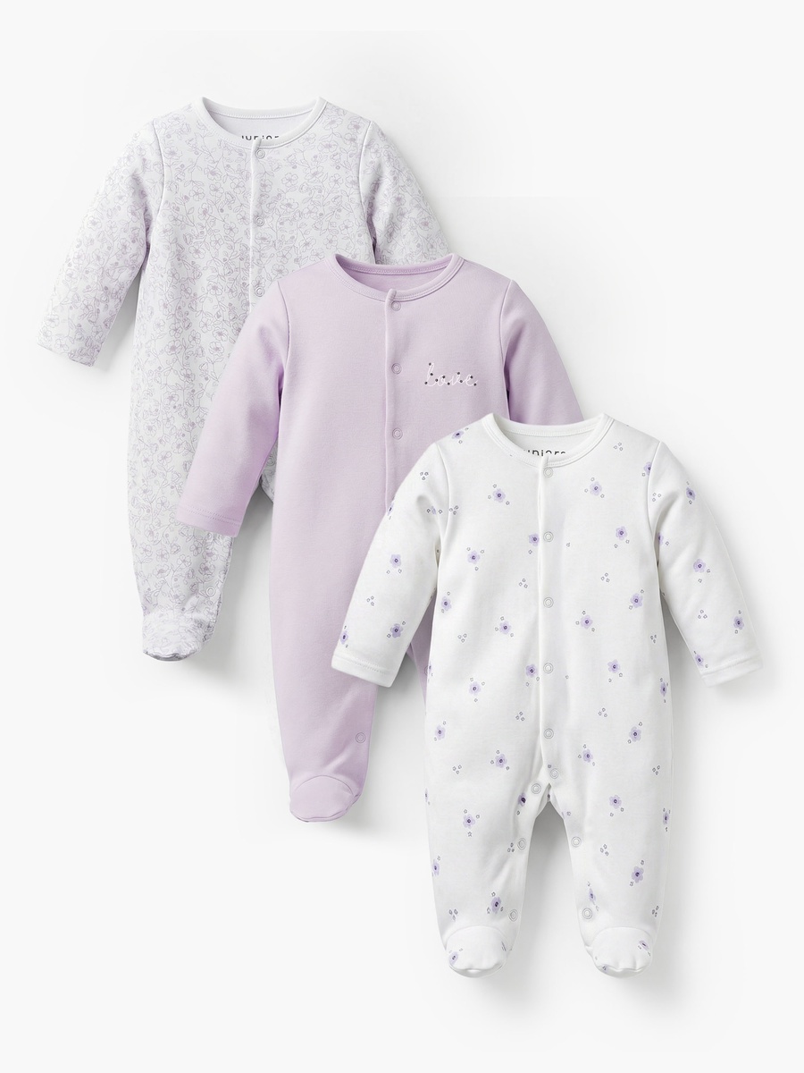 Pack of 3 Bamboo Cotton Round Neck Long Sleeves Sleepsuit with Print