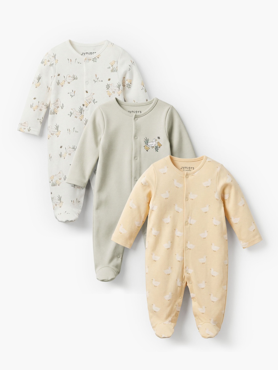 Pack of 3 Bamboo Cotton Round Neck Long Sleeves Sleepsuit with Duck Print