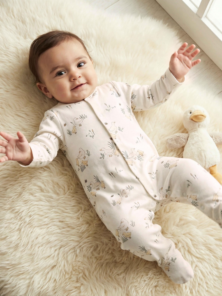 Pack of 3 Bamboo Cotton Round Neck Long Sleeves Sleepsuit with Duck Print