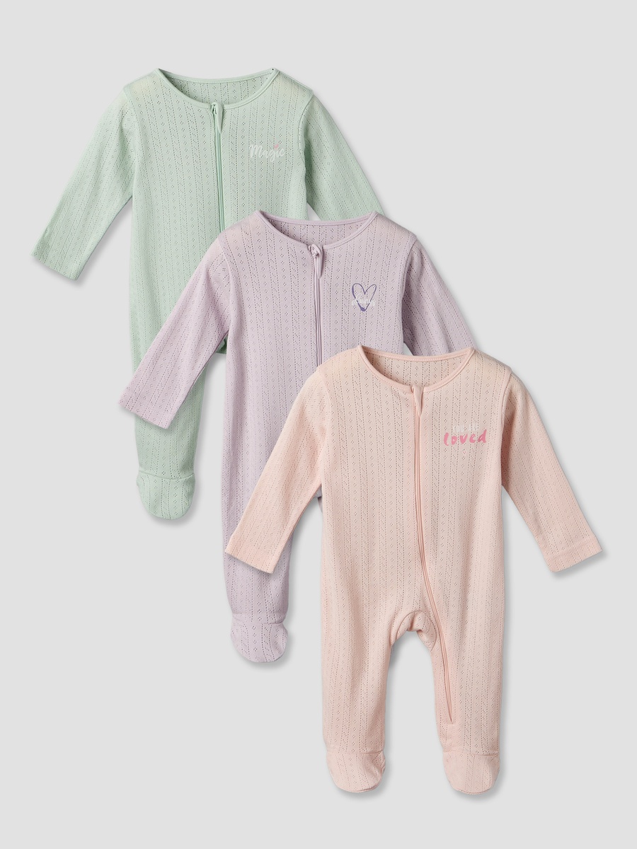 Pack of 3 Cotton Round Neck Long Sleeves Sleepsuit with Zip Closure