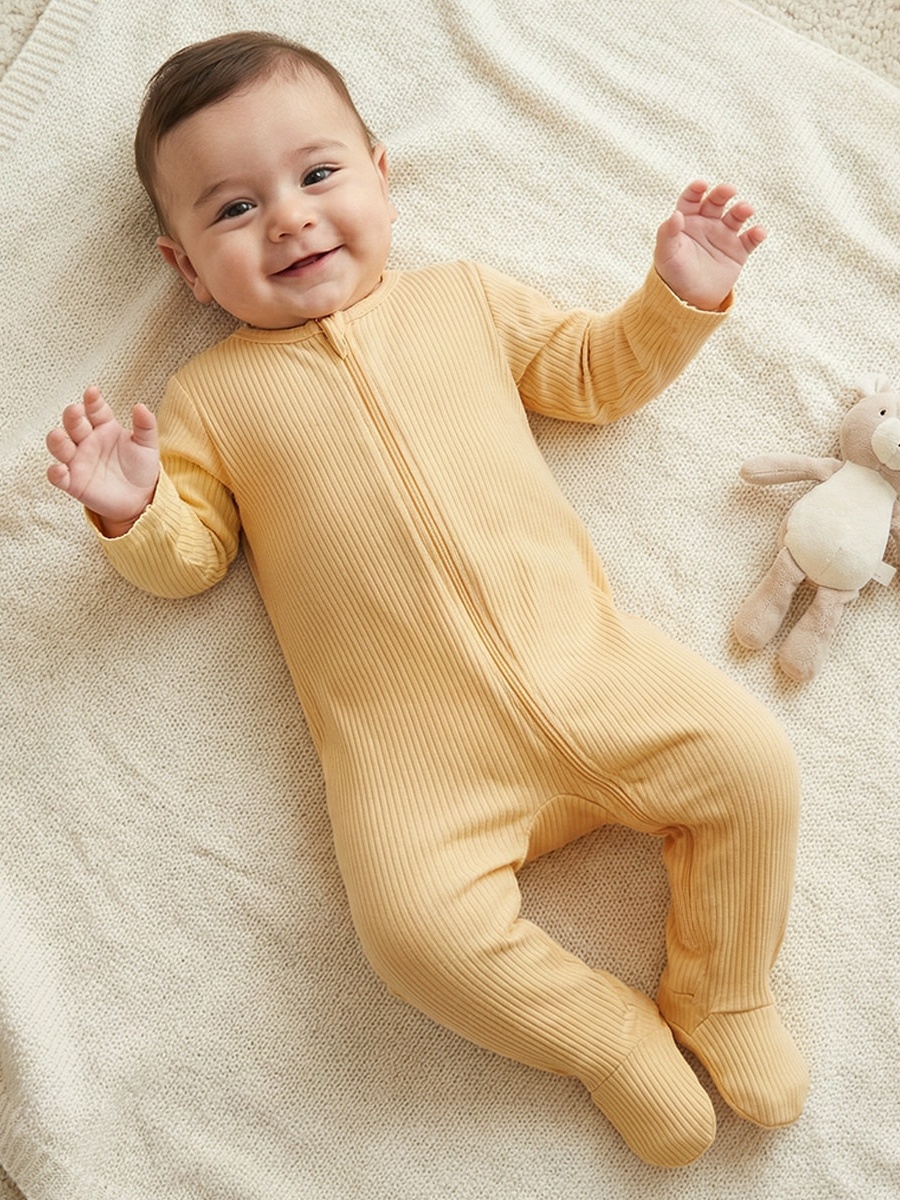 Pack of 3 Cotton Round Neck Long Sleeves Sleepsuit with Ribbed Design