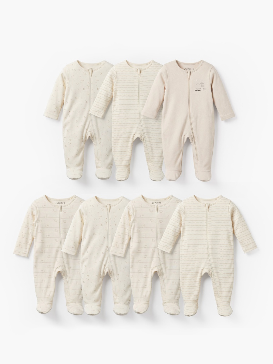 Pack of 7 Cotton Round Neck Long Sleeves Sleepsuit with Zip Closure