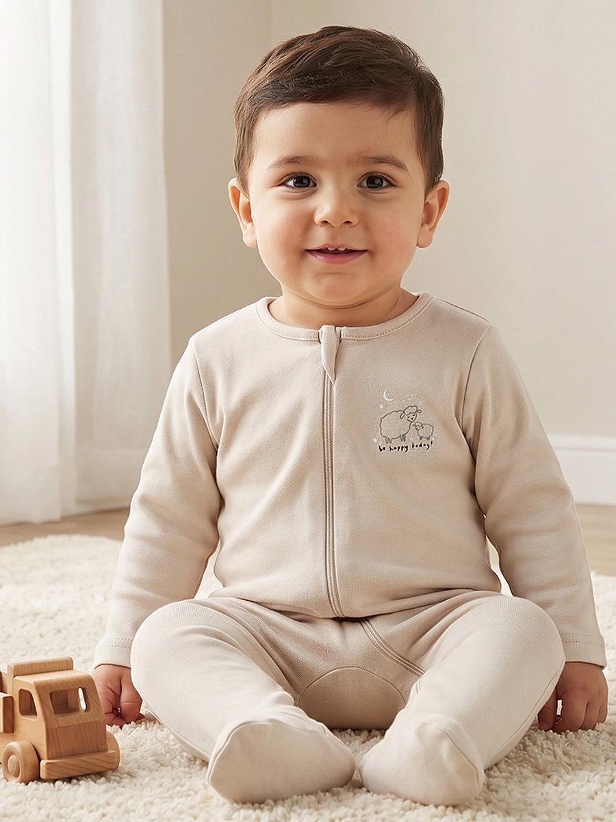 Pack of 7 Cotton Round Neck Long Sleeves Sleepsuit with Zip Closure