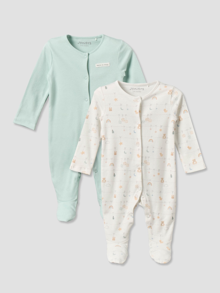 Pack of 2 Cotton Round Neck Long Sleeves Sleepsuit with Snap Button Closure