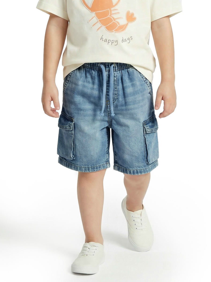 Drawstring Waist Denim Shorts with Cargo Pockets