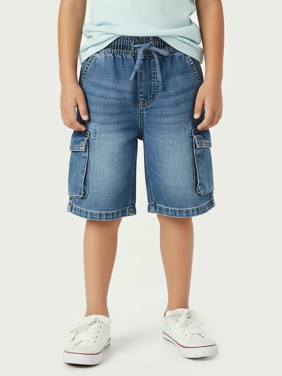 Knee Length Elasticated Drawstring Waist Denim Cargo Shorts with Pockets