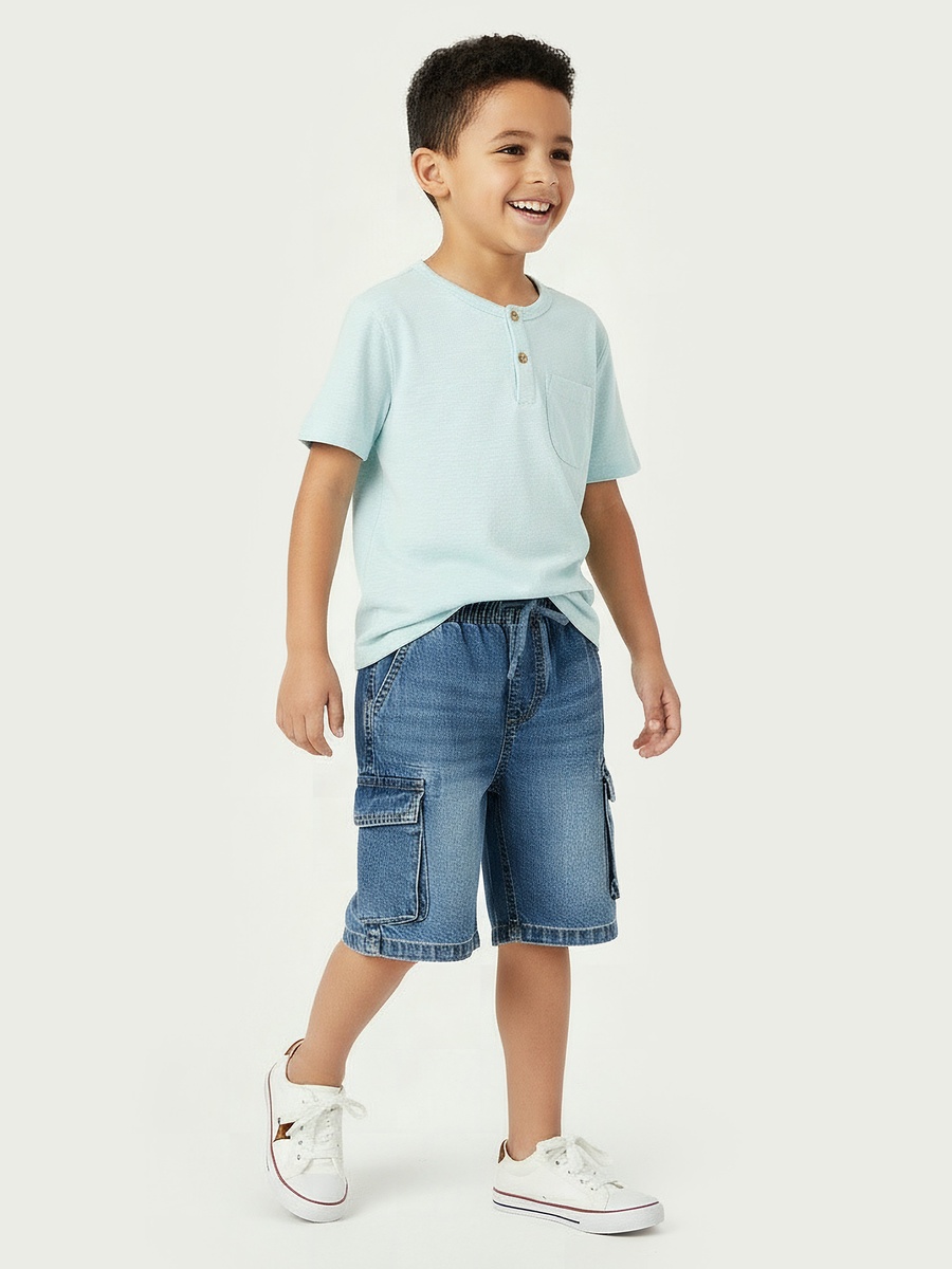 Knee Length Elasticated Drawstring Waist Denim Cargo Shorts with Pockets