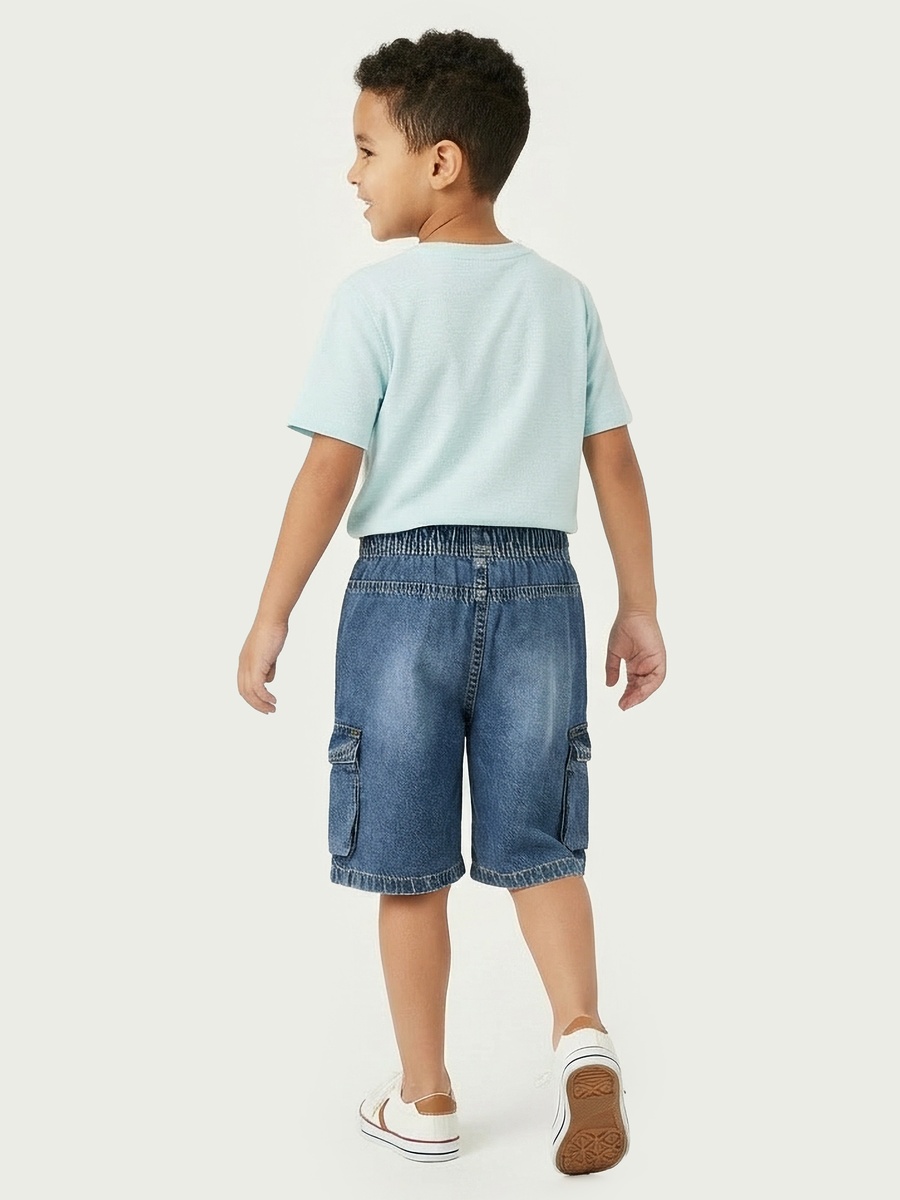 Knee Length Elasticated Drawstring Waist Denim Cargo Shorts with Pockets