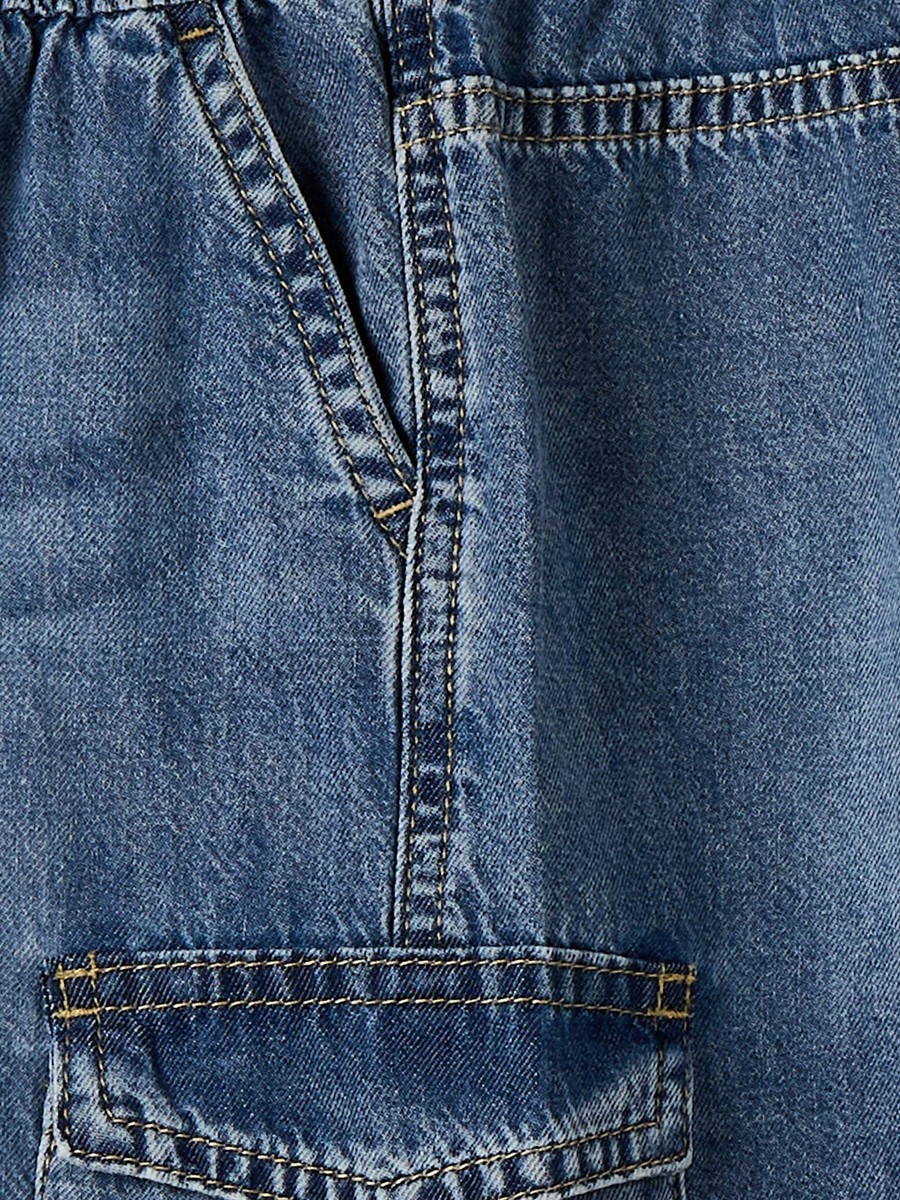Knee Length Elasticated Drawstring Waist Denim Cargo Shorts with Pockets