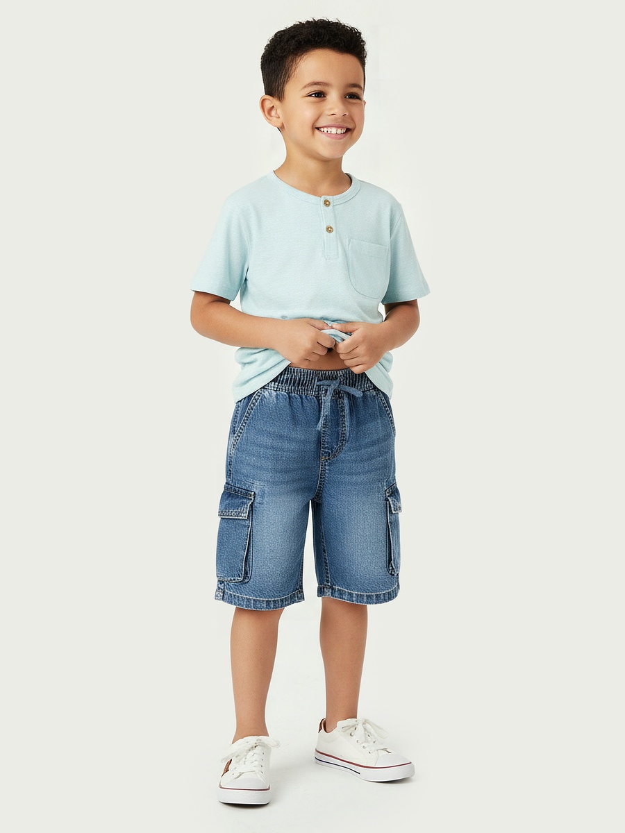 Knee Length Elasticated Drawstring Waist Denim Cargo Shorts with Pockets