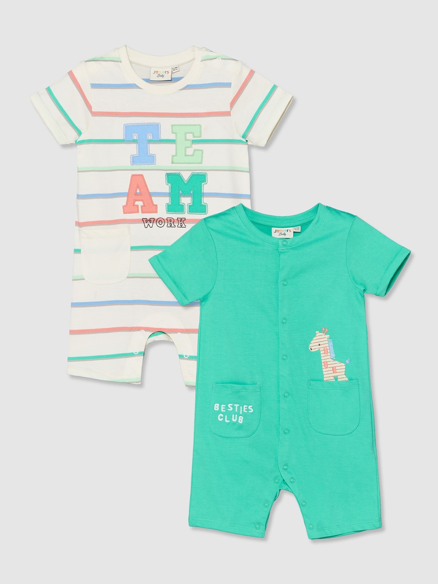 طقم من 2 - أفرول بياقة مستديرة وأكمام قصيرة وتفاصيل زينة