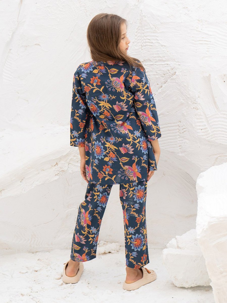 Kids Blue Floral Cotton Night Suit Set - Three Quarter Sleeves and Pants
