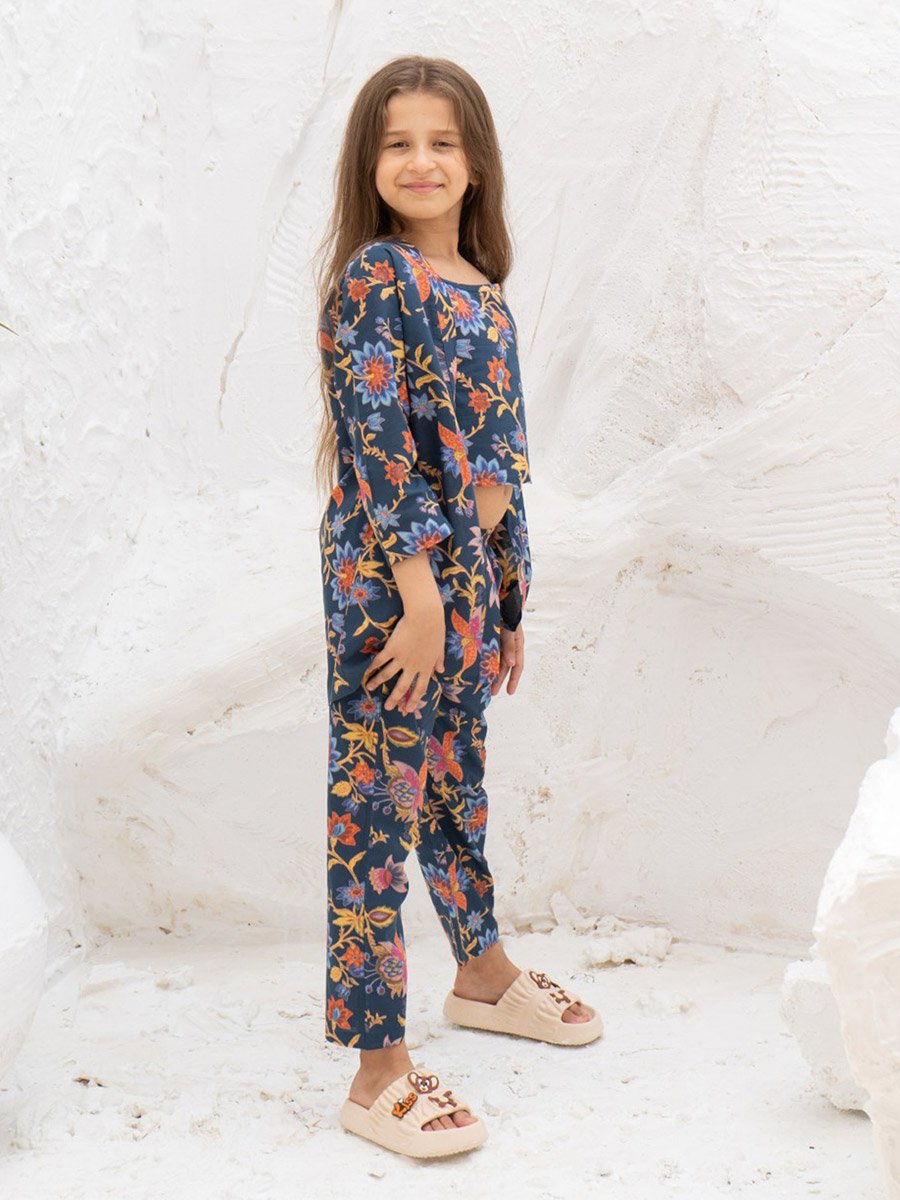 Kids Blue Floral Cotton Night Suit Set - Three Quarter Sleeves and Pants