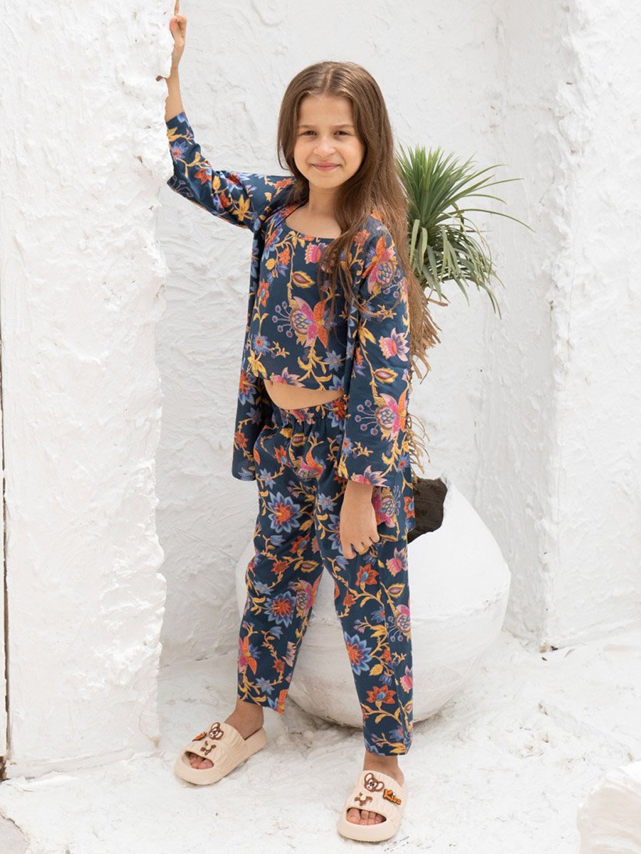 Kids Blue Floral Cotton Night Suit Set - Three Quarter Sleeves and Pants