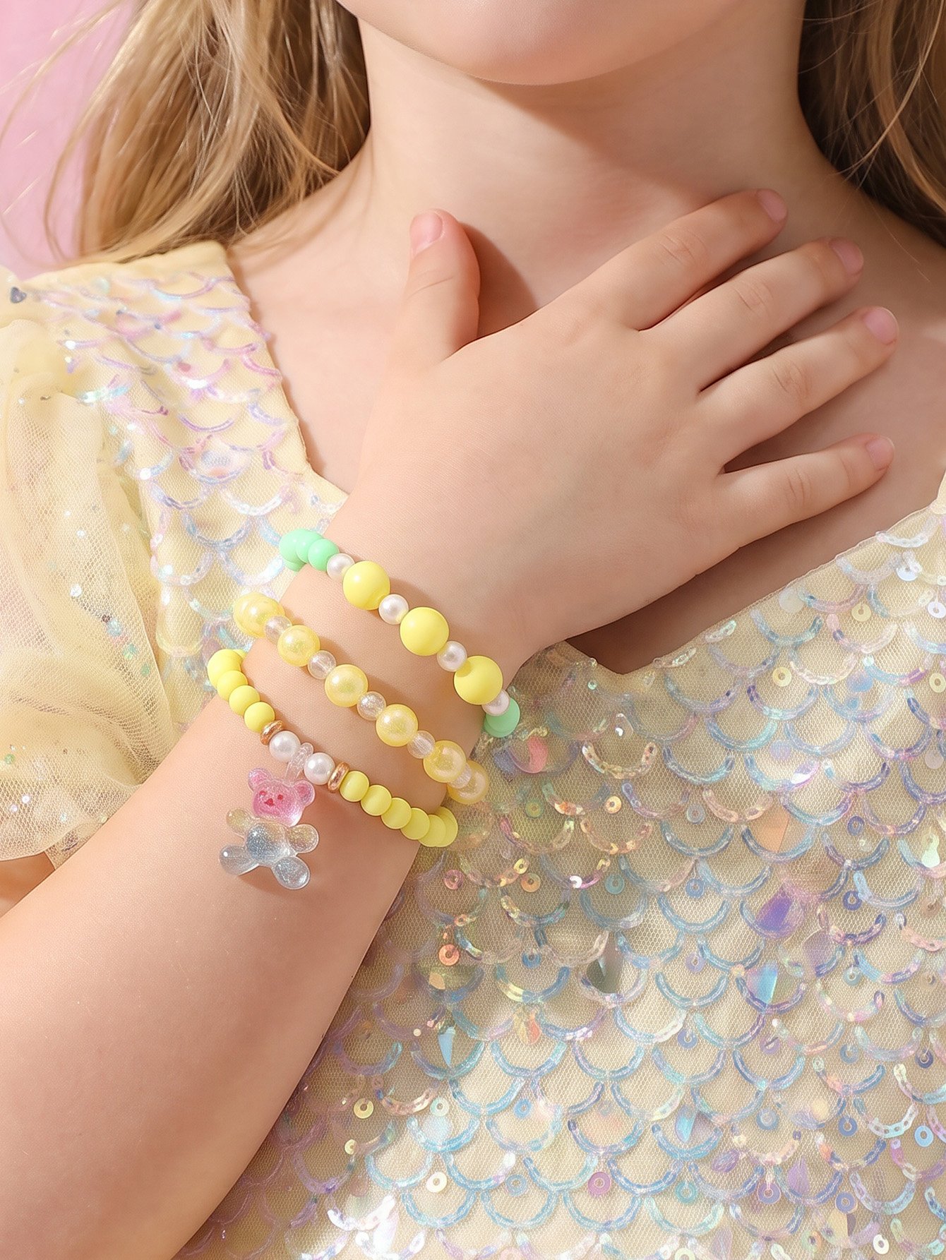 Pack of 3 - Girls Multi-Color Pastel Beaded Bracelets with Bear Charm