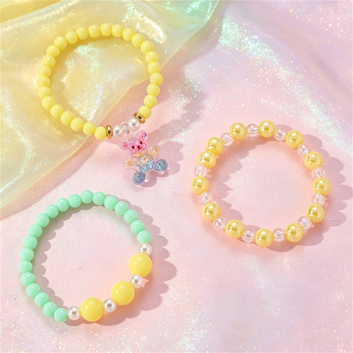 Pack of 3 - Girls Multi-Color Pastel Beaded Bracelets with Bear Charm