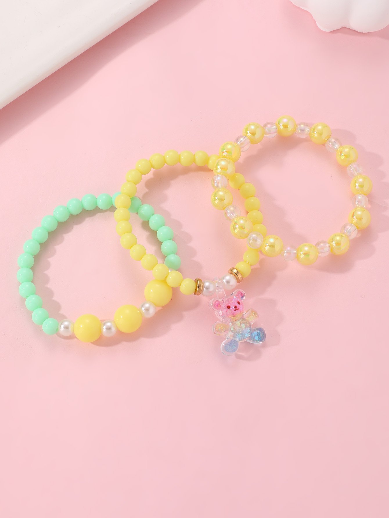 Pack of 3 - Girls Multi-Color Pastel Beaded Bracelets with Bear Charm