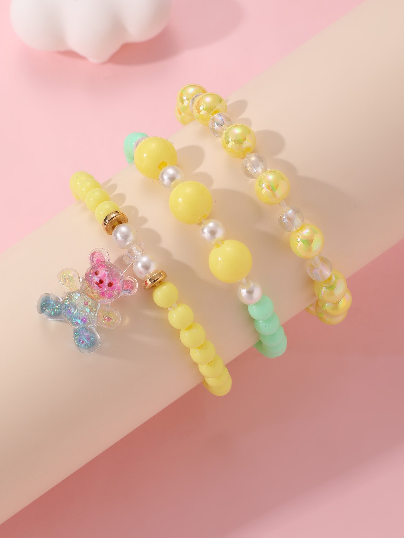 Pack of 3 - Girls Multi-Color Pastel Beaded Bracelets with Bear Charm