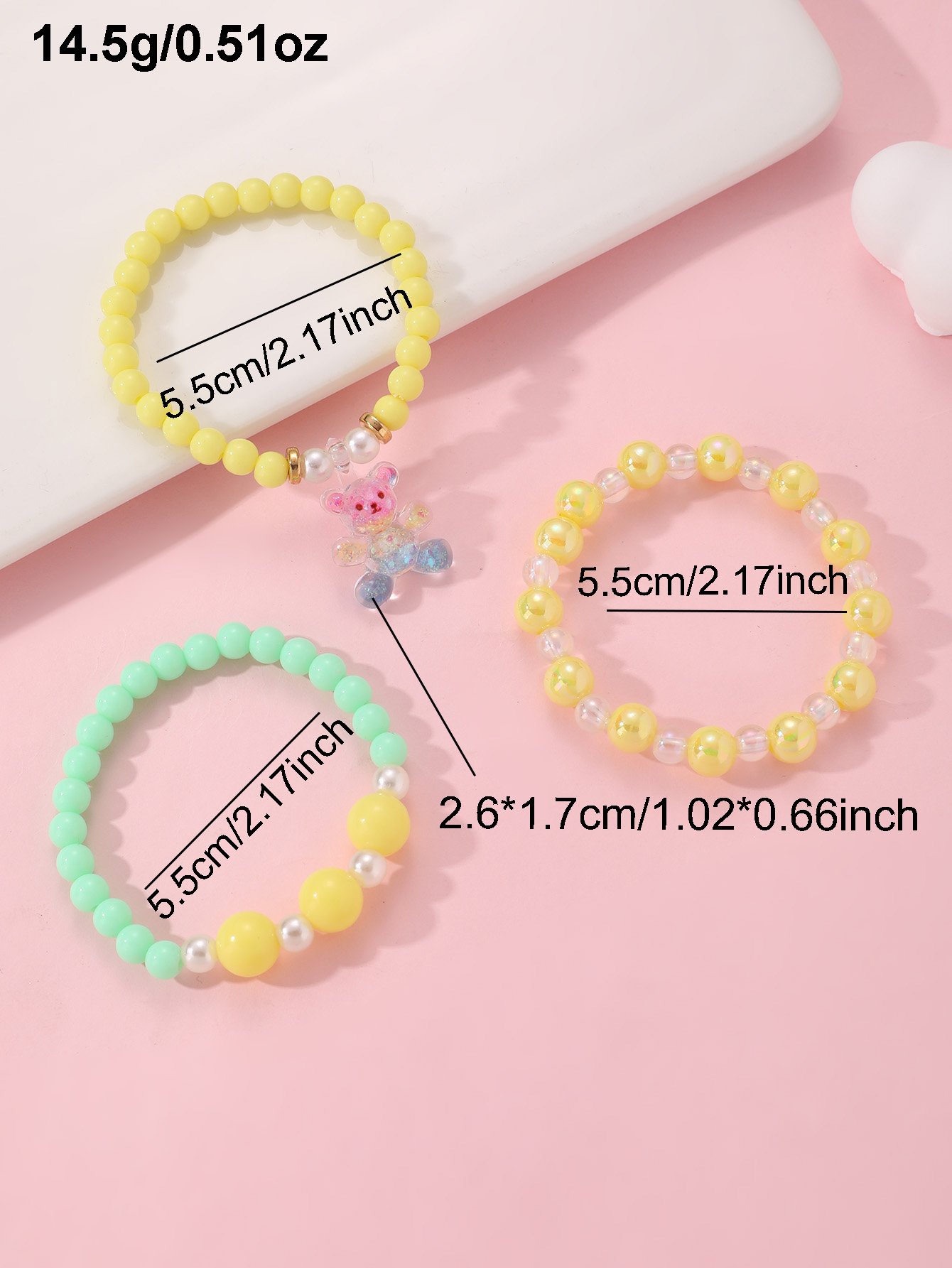 Pack of 3 - Girls Multi-Color Pastel Beaded Bracelets with Bear Charm