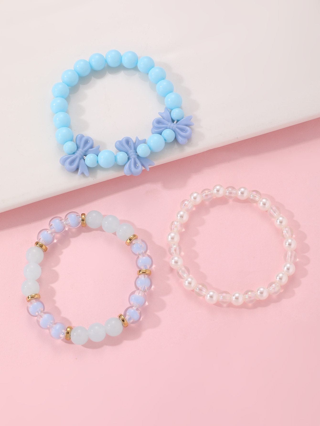 Pack of 3 - Girls Multi-Color  Pastel Beaded Bracelets with Bow Charm