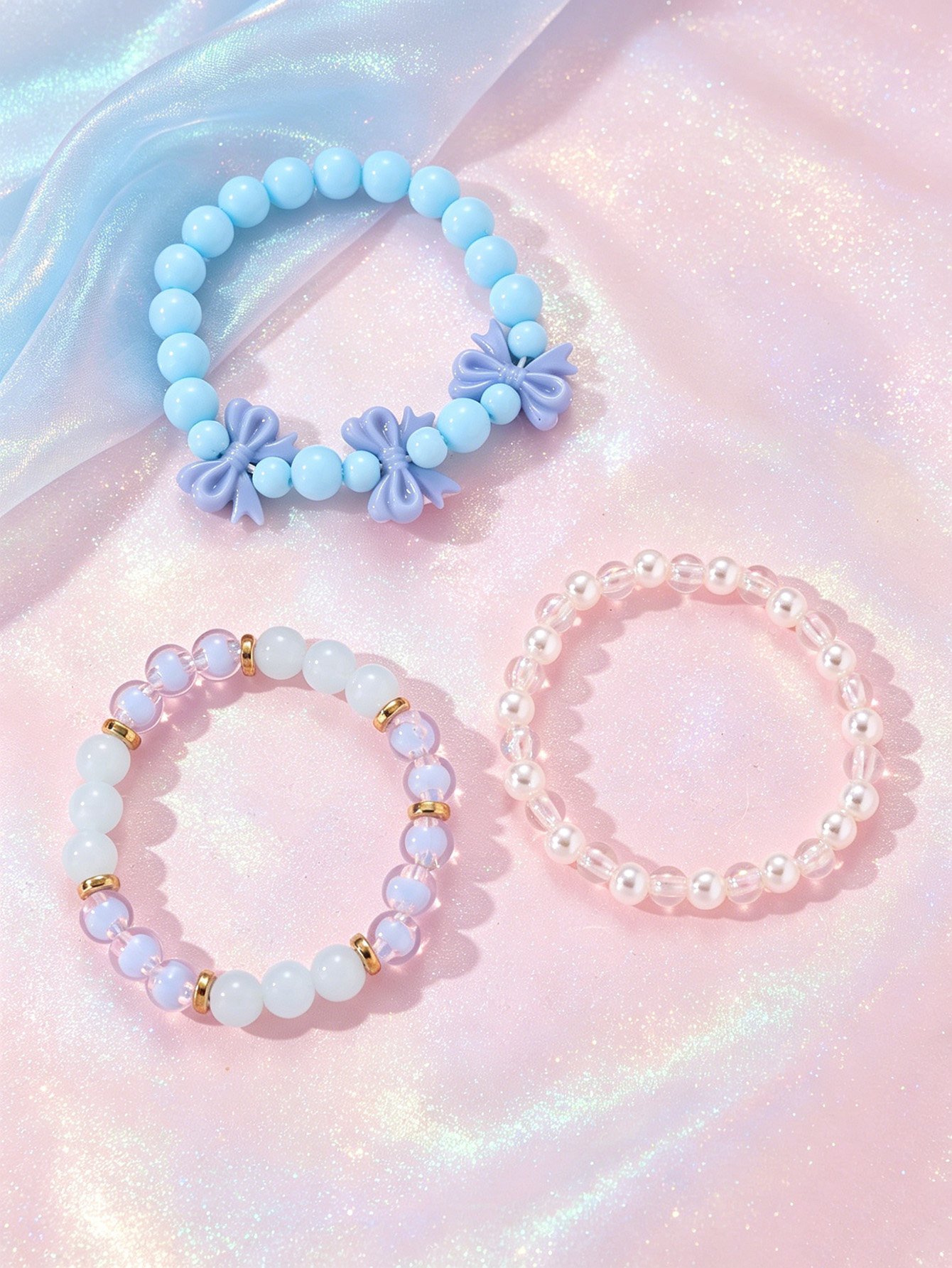Pack of 3 - Girls Multi-Color  Pastel Beaded Bracelets with Bow Charm