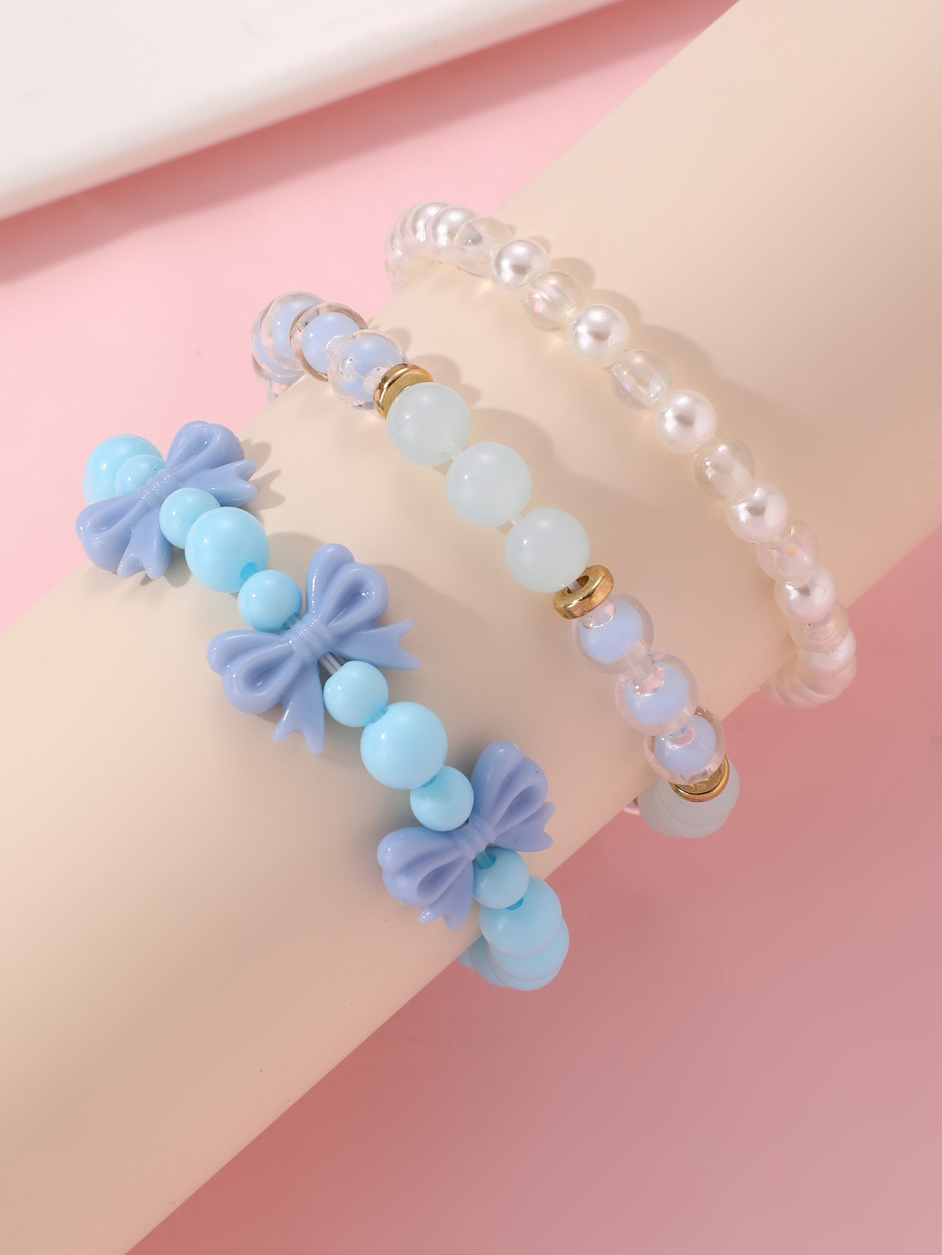 Pack of 3 - Girls Multi-Color  Pastel Beaded Bracelets with Bow Charm