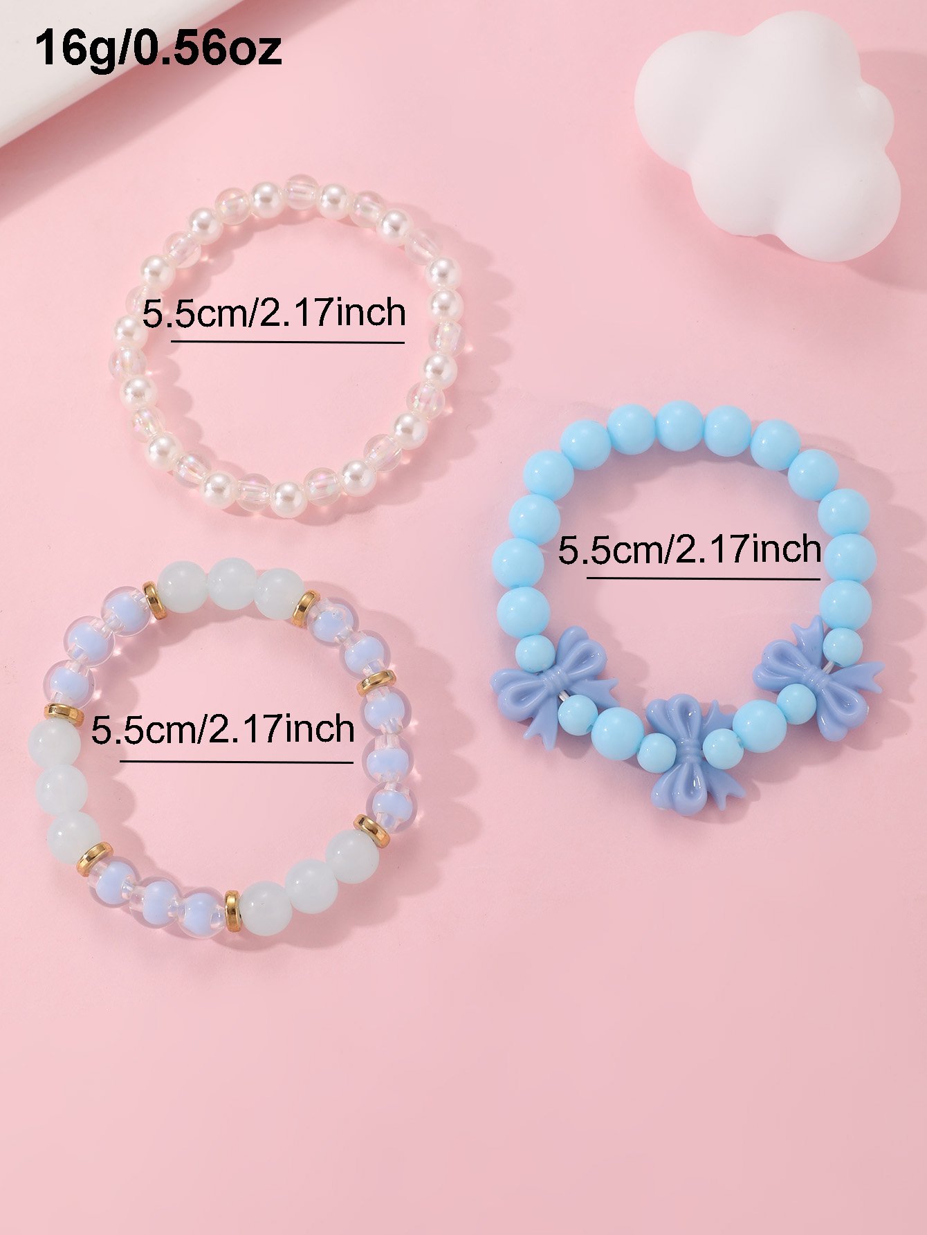 Pack of 3 - Girls Multi-Color  Pastel Beaded Bracelets with Bow Charm