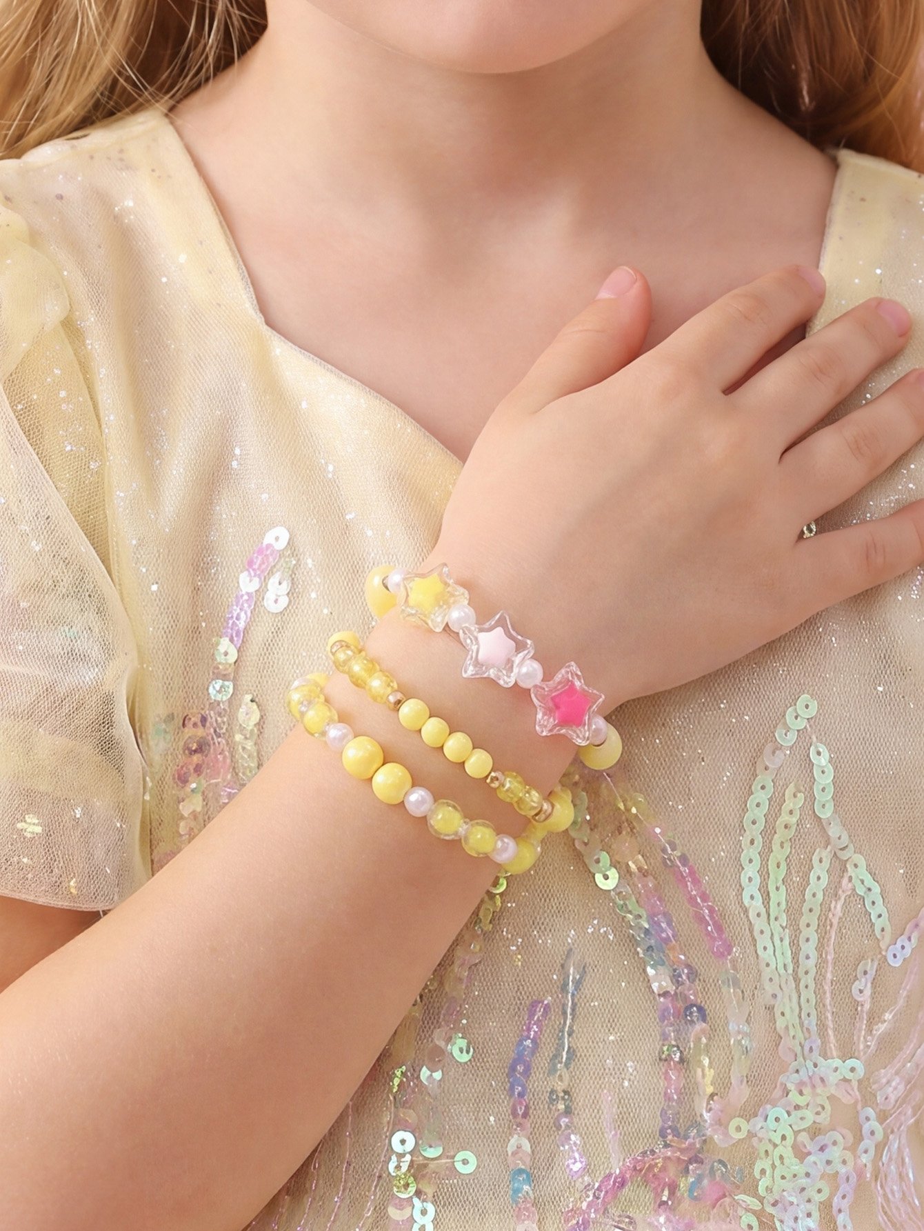 Pack of 3 - Girls Multi-Color Pastel Beaded Bracelets with Star Charm