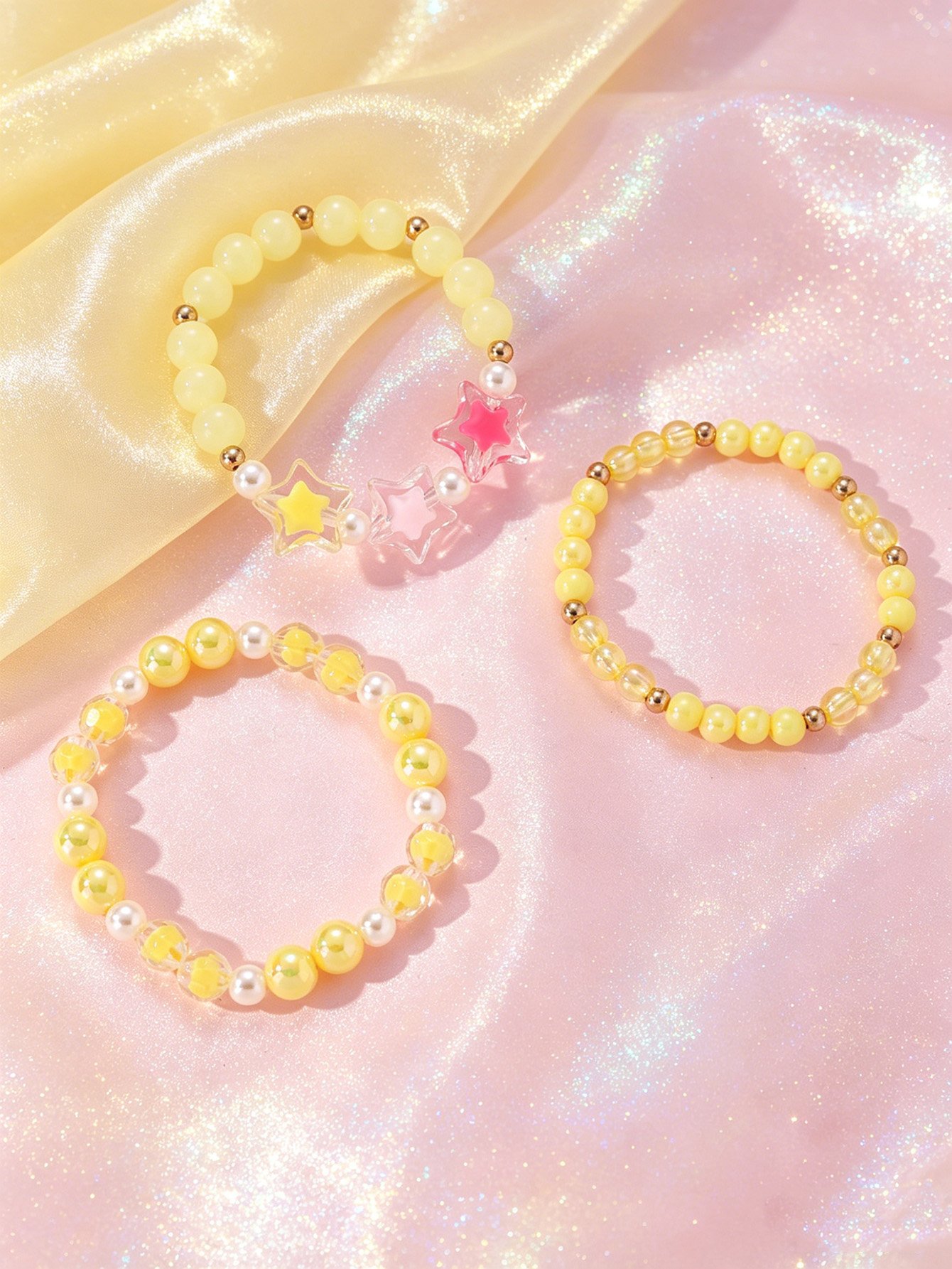 Pack of 3 - Girls Multi-Color Pastel Beaded Bracelets with Star Charm