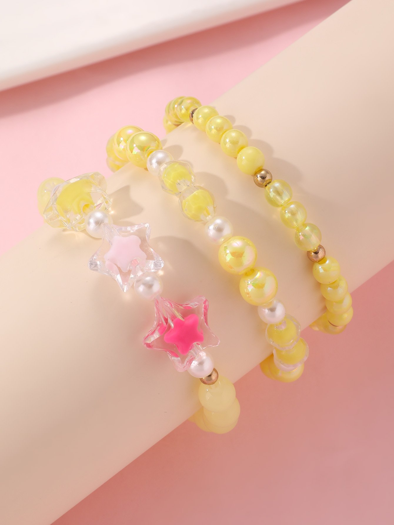 Pack of 3 - Girls Multi-Color Pastel Beaded Bracelets with Star Charm