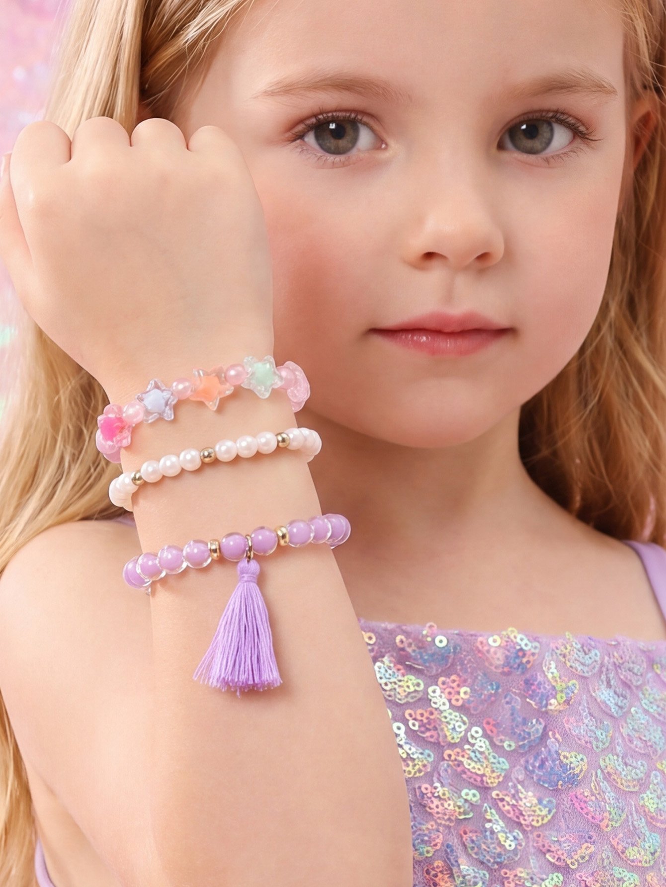 Pack of 3 - Girls Multi-Color Star and Pearl Beaded Bracelet