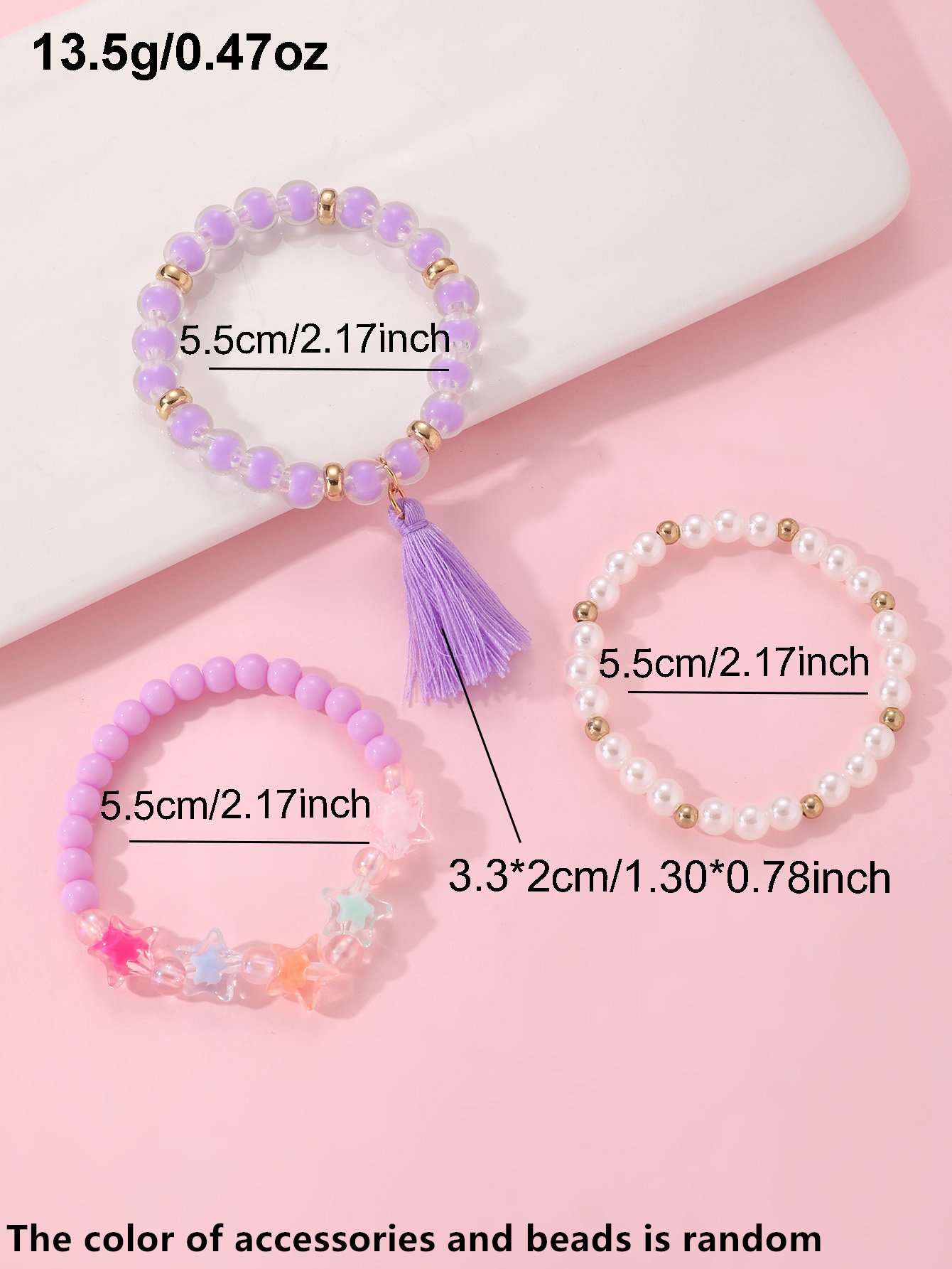 Pack of 3 - Girls Multi-Color Star and Pearl Beaded Bracelet
