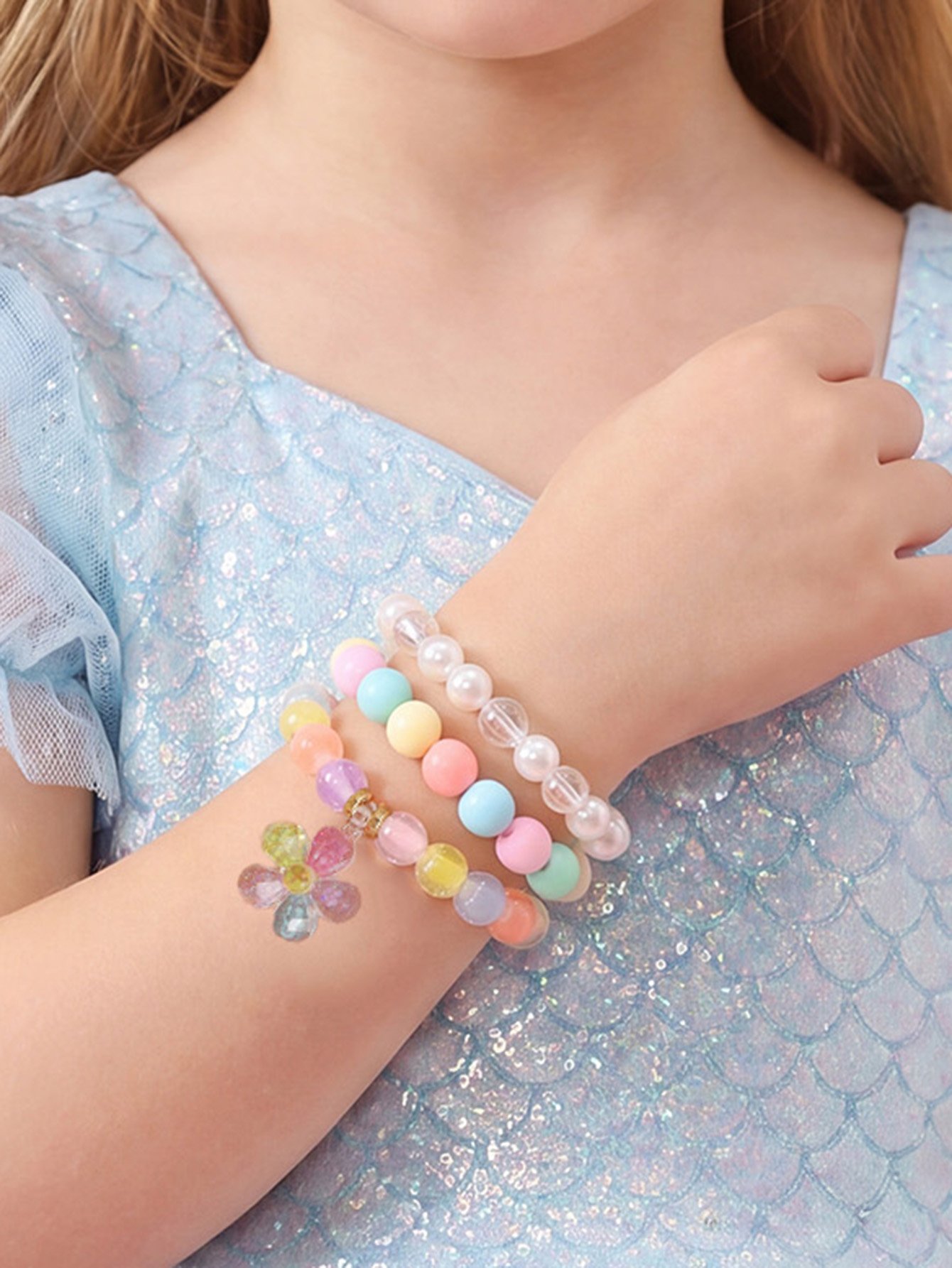 Pack of 3 - Girls Multi-Color Pastel Beaded Bracelets with Flower Charm