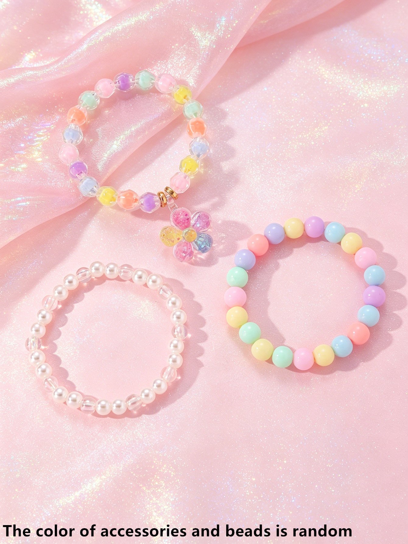 Pack of 3 - Girls Multi-Color Pastel Beaded Bracelets with Flower Charm