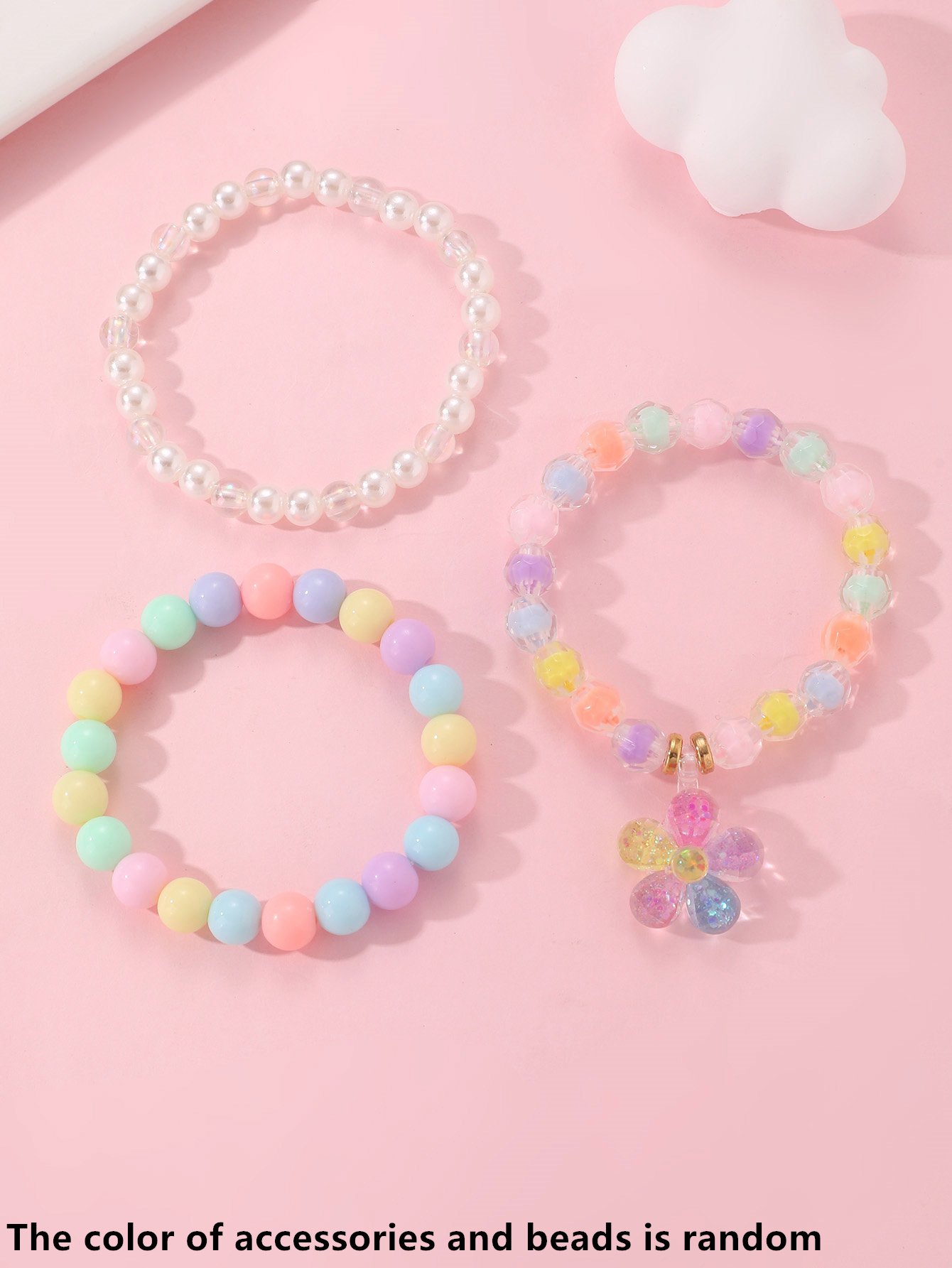 Pack of 3 - Girls Multi-Color Pastel Beaded Bracelets with Flower Charm