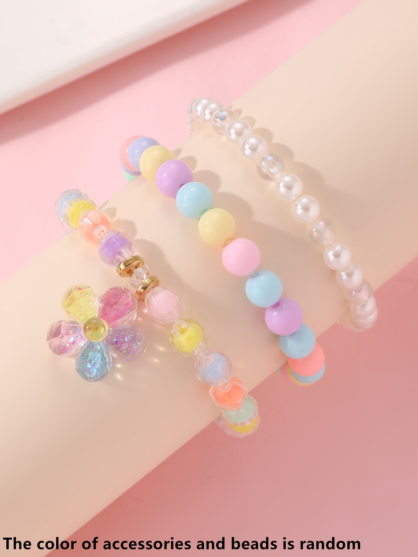 Pack of 3 - Girls Multi-Color Pastel Beaded Bracelets with Flower Charm