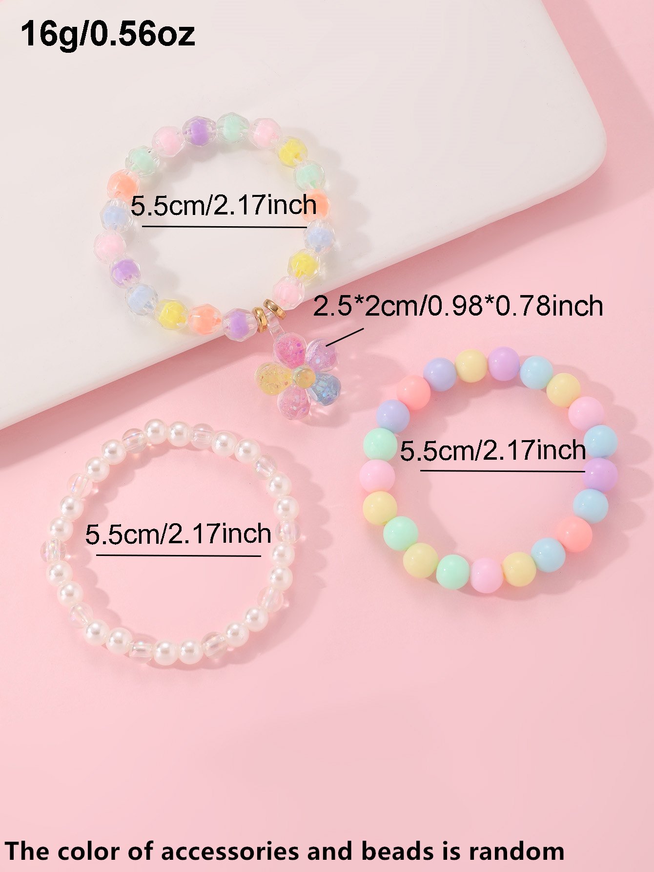 Pack of 3 - Girls Multi-Color Pastel Beaded Bracelets with Flower Charm