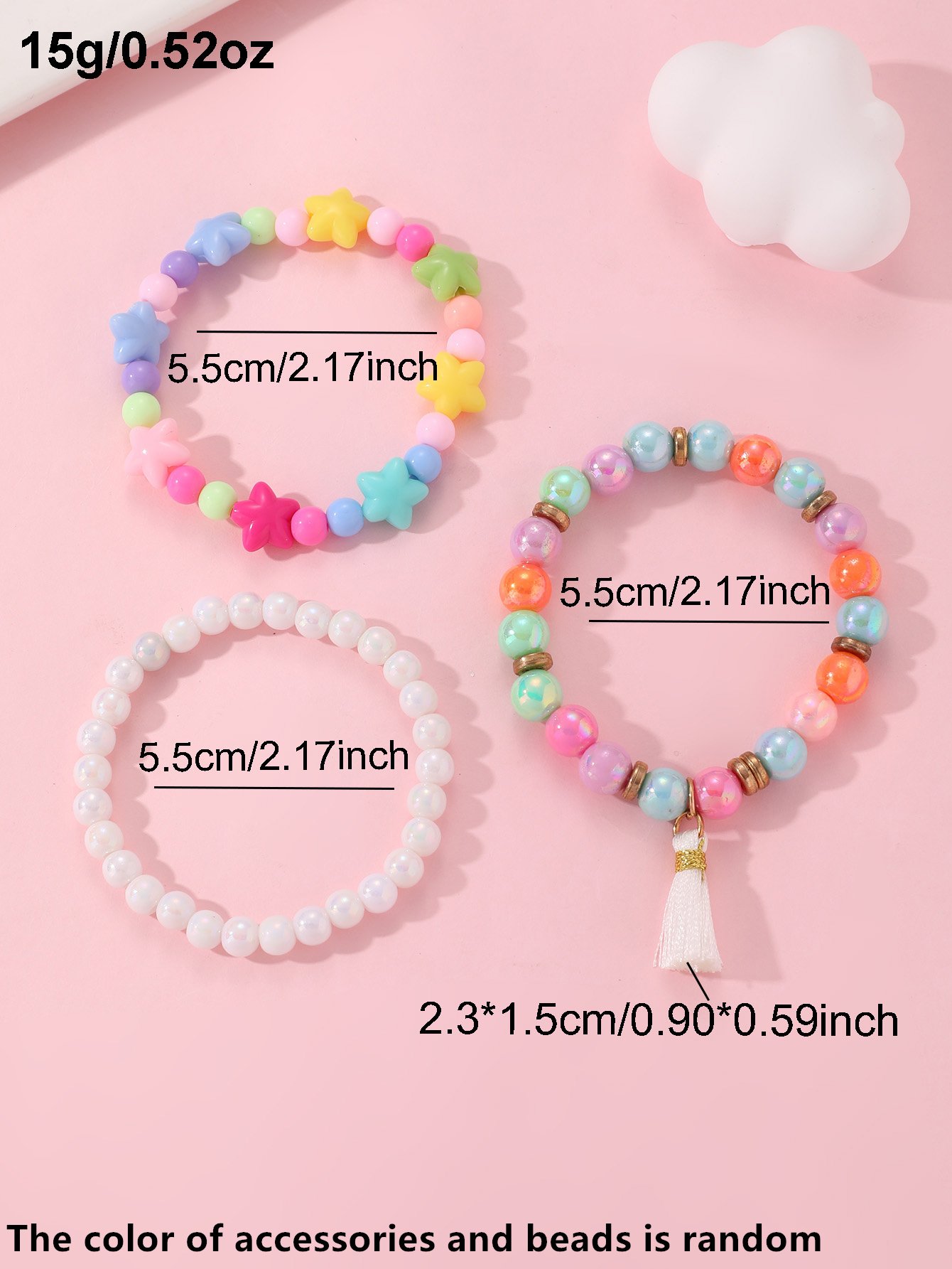 Pack of 3 - Girls Multi-Color Beaded Bracelets with Tassel