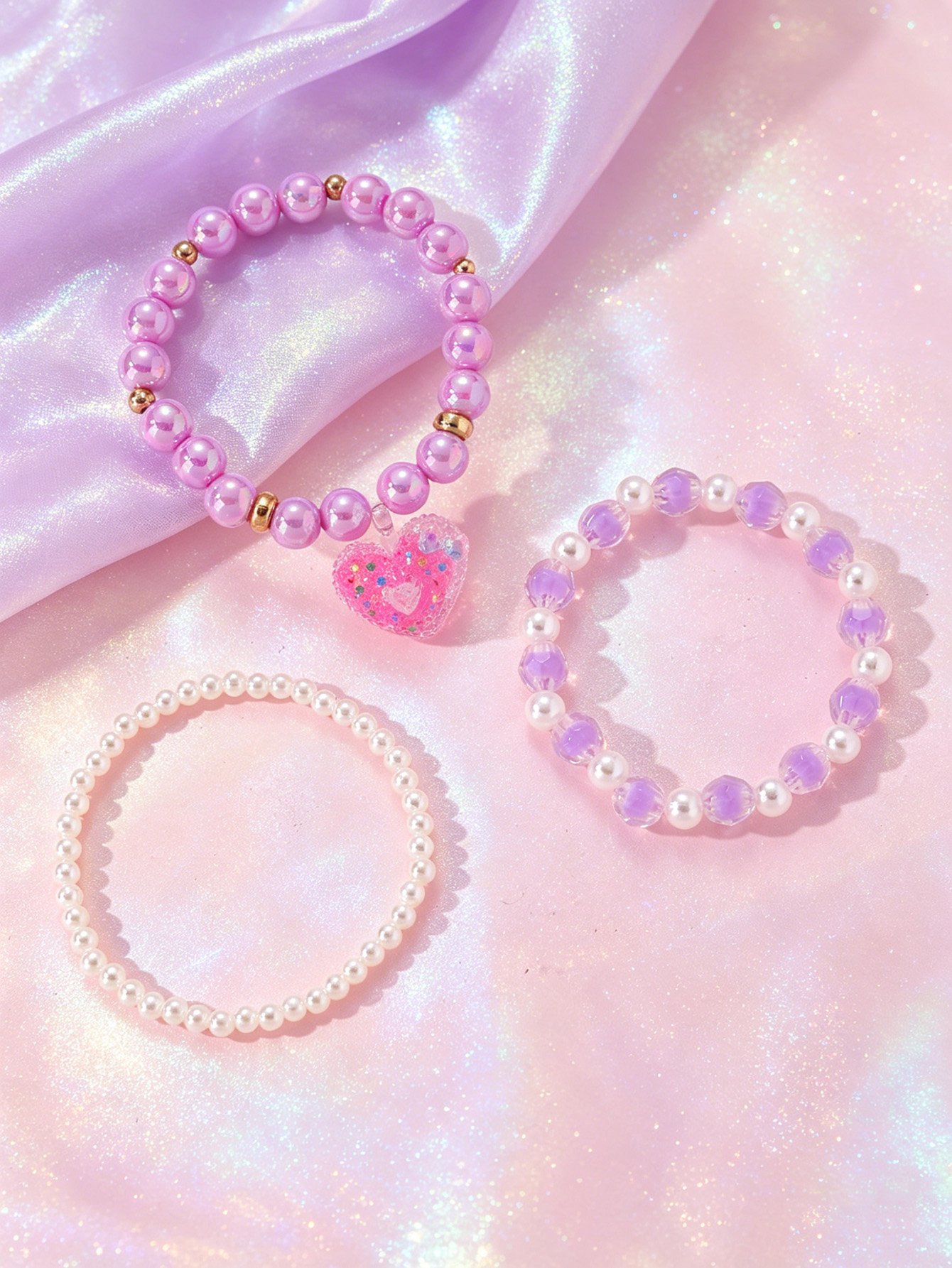 Pack of 3 - Girls Multi-Color Sparkle Heart Charm Beaded Bracelets
