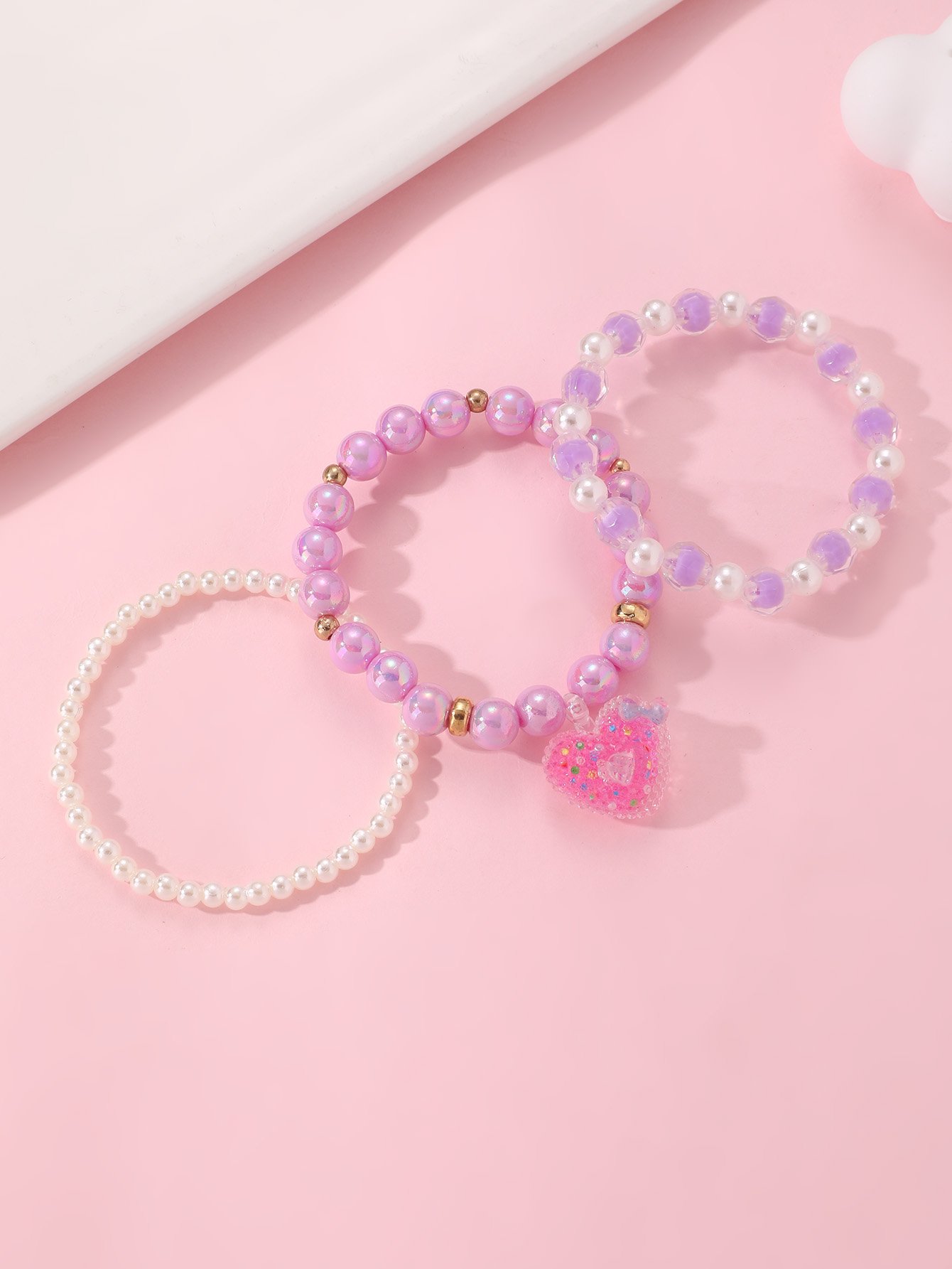Pack of 3 - Girls Multi-Color Sparkle Heart Charm Beaded Bracelets