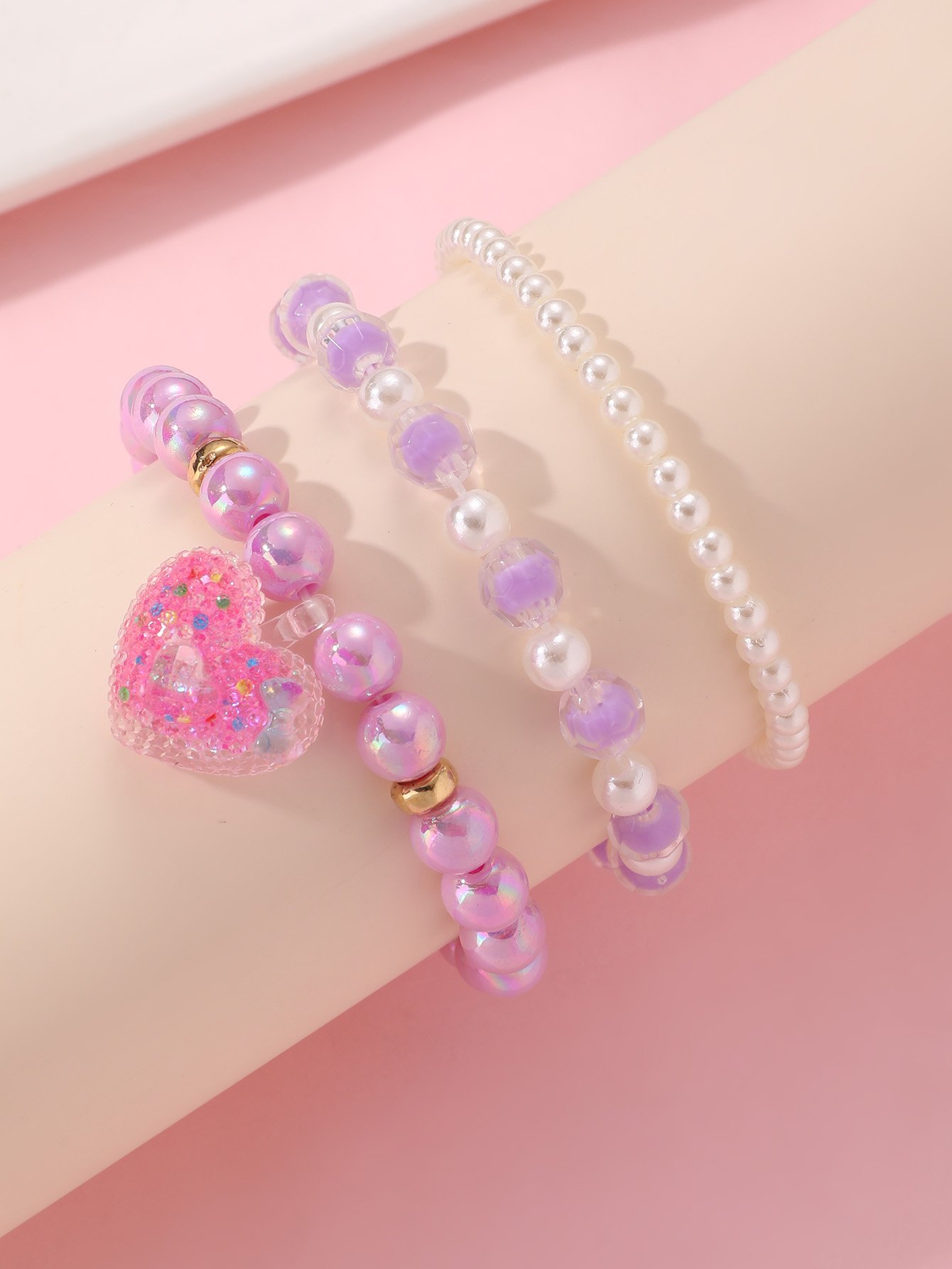 Pack of 3 - Girls Multi-Color Sparkle Heart Charm Beaded Bracelets