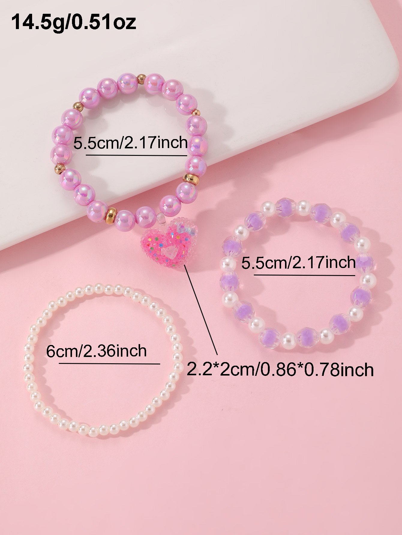 Pack of 3 - Girls Multi-Color Sparkle Heart Charm Beaded Bracelets